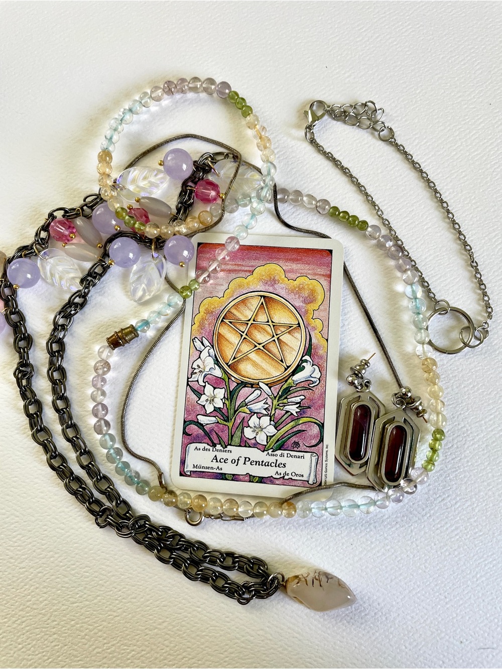 Tarot Ace of Pentacles with Pastel Bead and crystals Jewelry Set